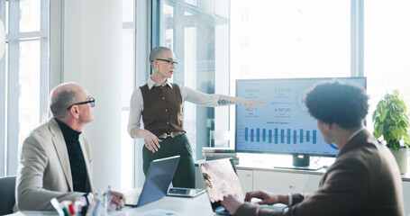 Presentation, screen or businesswoman in office with pitch, statistics review or plan for finance strategy. People, talk or point with tech for profit growth, financial investment proposal or graphs.