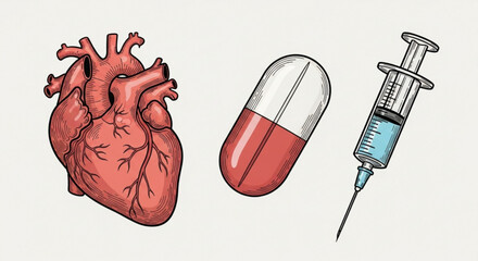 Heart health treatment illustration with medication pill and injection for cardiovascular disease care