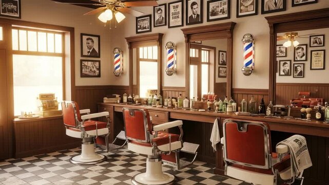 Vintage barber shop interior with barber chairs mirrors and styling tools