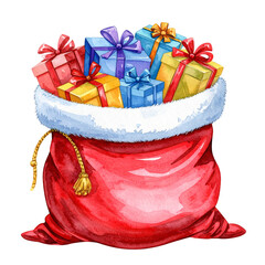 Cheerful watercolor illustration of festive red christmas sack full of colorful holiday gift present boxes. joyous seasonal drawing