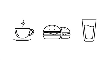 Coffee burgers and water vector line art drawing for restaurant menu and food related graphic design 100