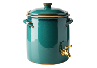 Isolated ceramic crock pot dispenser with brass spigot, a functional decorative drinkware