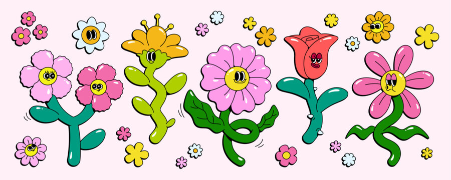 Naklejki Groovy flower characters set isolated on white background. Vector cartoon illustration of funny color rose, daisy, chamomile, happy mascots with eyes and smiling faces, retro style floral stickers