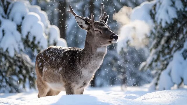 Deer breathing in snowy forest during winter season  