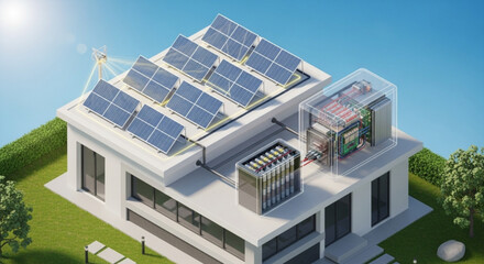 Residential solar panel system with battery storage and wind turbine for renewable energy home power setup