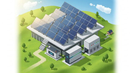 Solar panel system installation on house roof for renewable energy and sustainable living concept design