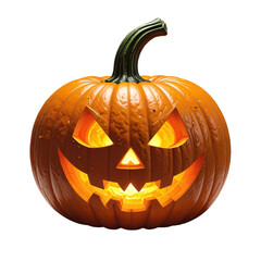 Fototapeta premium Scary and evil jack o lantern pumpkin with spooky glowing orange face. Isolated for Halloween celebration, looking menacing and creepy