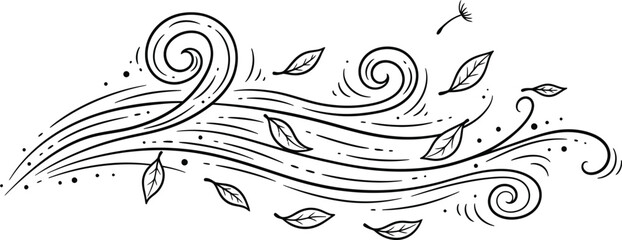 Hand drawn wind gust with falling leaves black and white
