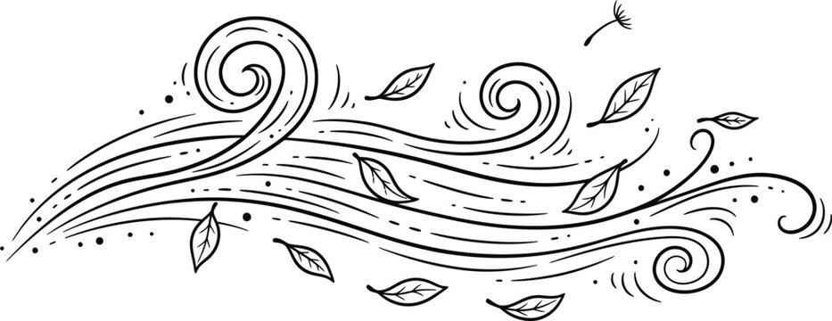 Hand drawn wind gust with falling leaves black and white