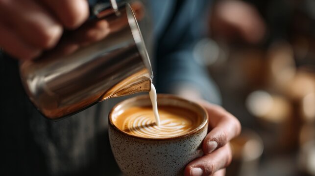 Close-up of barista hands pouring steamed milk into espresso, perfect latte art, warm cafe light, cinematic photo, shallow depth of field, 50mm lens - Powered by Adobe