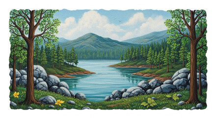 Beautiful lake scenic landscape painting with mountains trees rocks and clouds nature art illustration