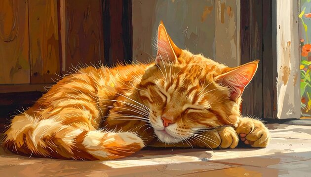 A close-up illustration depicts a sleeping ginger feline, basking in warm sunlight filtering through a window. The cat is curled up