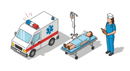 Isometric ambulance emergency medical service with patient and nurse healthcare professional scene vector