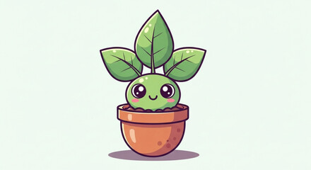 Cute cartoon potted plant illustration for kids room decor and nature themed designs, green leaves and pot art