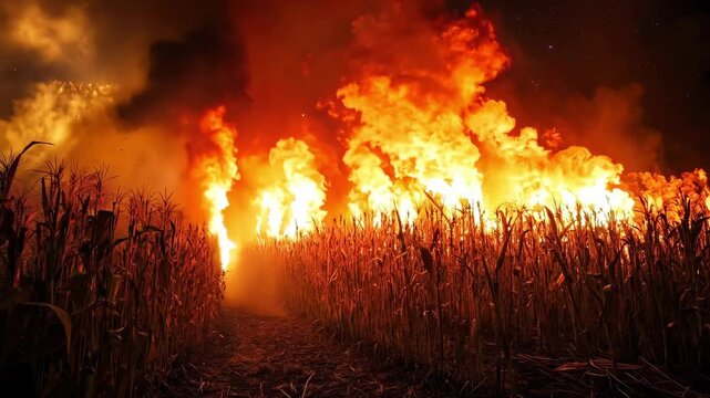 A field of corn on fire in the middle of a field