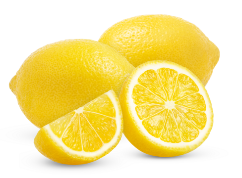 Two juicy lemons and cut in a half with slice of lemon isolated.