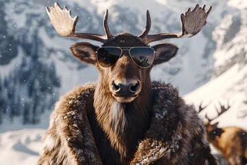 White-tailed deer buck with large antlers stands in the winter snow of a forest