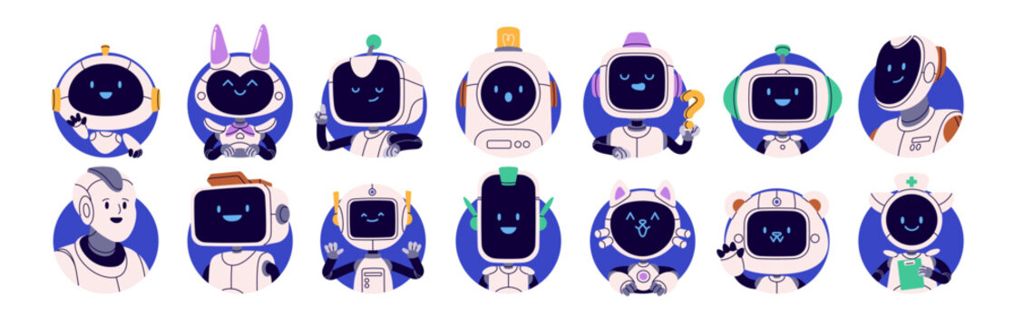 Robot avatars set. Cute happy AI characters with smiling faces in circle round frames. Digital assistants, technology bots, user profiles. Flat vector illustration isolated on white background