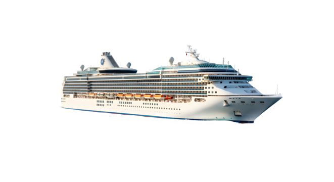 A majestic cruise ship glides through the open sea, isolated on transparent background the ships sleek design and multiple decks promise a luxurious and unforgettable voyage