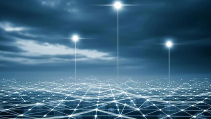 Edgecomputingnetworks cloud network grid node data connection digital landscape horizon glowing lights sky enabling distributed processing low latency communication across urban futuristic scene - Powered by Adobe