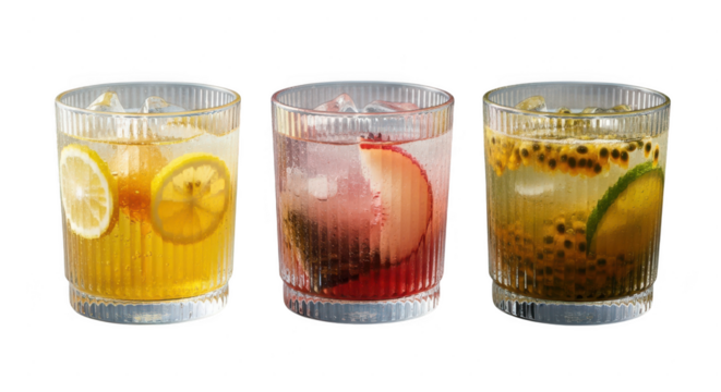 Three refreshing fruit cocktails isolated on transparent background, featuring lemon, peach, and passion fruit, perfect for summer, served in elegant glasses, a vibrant and colorful assortment
