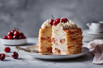 Indulge in this stunning Mille-Feuille pastry with fresh cherries and whipped cream, perfect for dessert menus, food blogs, or sweet promotions
