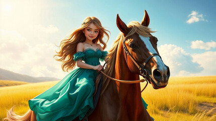 Obraz premium Girl riding horse through golden meadow