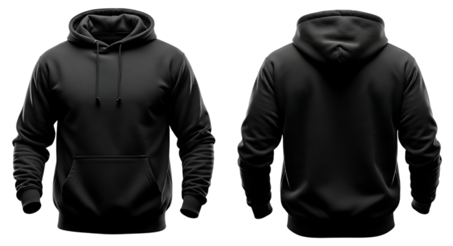 Black hoodie isolated, front and back view. blank apparel mockup