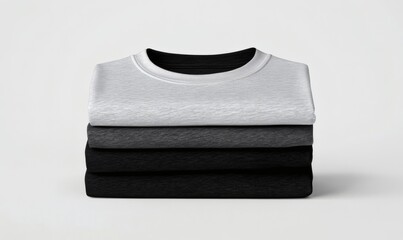 Stacking pile of folded blank black, grey, gray, and white t-shirts with a round neck and a white background cutout. A mockup template for graphic design artwork,
