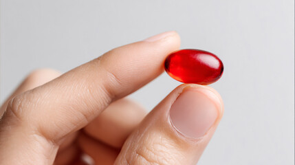 Hand holding red capsule pill supplement close-up vitamin healthcare concept