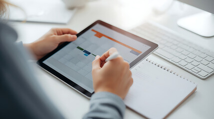 Close-up of a person planning using a digital tablet with a calendar interface, stylus in hand, alongside a paper notebook and keyboard, in a clean, organized workspace under soft natural light.