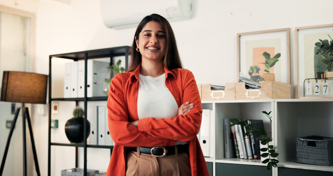 Marketing, portrait or Indian woman in office with arms crossed, pride or job in creative agency. Happy, profession or director in branding firm with confidence, work or experience as media planner.