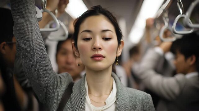 女性が満員電車の朝に白いブラウスとグレーブレザーで静かに立つ