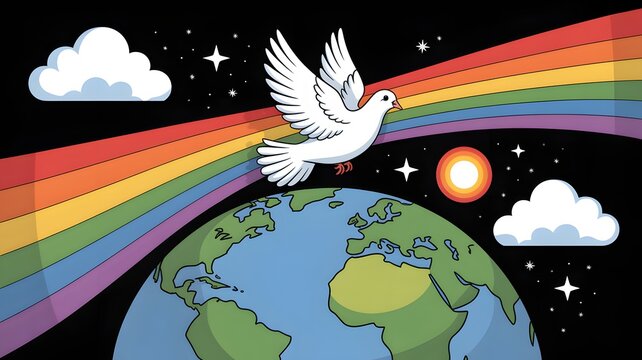 Peaceful world illustration with dove rainbow and earth for global harmony and hope concept art