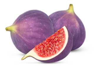 Ripe fresh purple figs and cut in a slice isolated. Fig and quarter of fig isolated