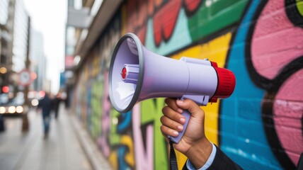 A hand holds a megaphone in front of a colorful graffiti wall, symbolizing communication, protest, or public speaking in an urban setting.