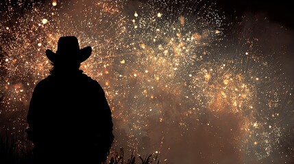 Cowboy silhouette against the backdrop of bright fireworks	