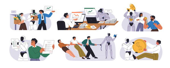 Robot vs human concept. Artificial intelligence and man in work, job, career conflict, competition. Futuristic technology and AI challenge. Flat vector illustrations isolated on white background