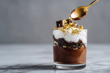 Indulge in decadent chocolate mousse layered with brownie, whipped cream, and edible gold, a truly luxurious dessert experience for your celebration