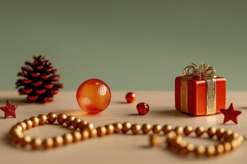 Festive christmas still life arrangement featuring a red gift box golden beads pine cone and ornaments on a wooden surface