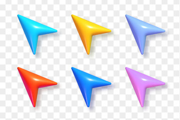 3d pointer arrow set. Colorful realistic cursor icon collection isolated on transparent background
