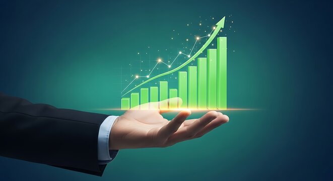 Hand holding a glowing green upward trend financial growth chart