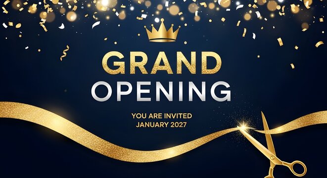 Luxury Grand Opening banner with golden ribbon cutting ceremony and confetti on dark blue background