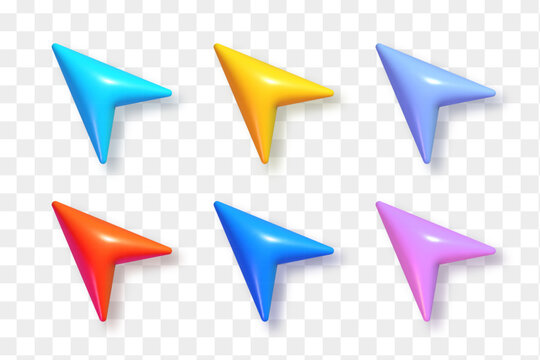 3d pointer arrow set. Colorful realistic cursor icon collection isolated on transparent background