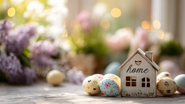 Decorative sweet home and easter eggs on spring floral background with bokeh