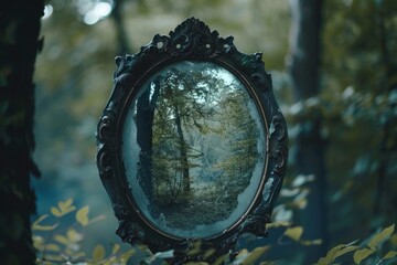 Fototapeta premium Antique, ornate mirror reflects a tranquil forest scene, creating a mystical and enchanting atmosphere