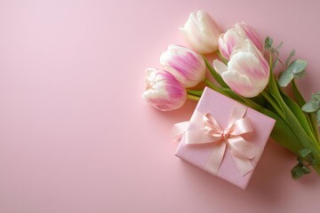 Soft pink tulips and a delicate gift box with a satin ribbon on a pale pink background