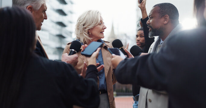 Politician, woman or interview with reporter for election announcement, campaign opinion or reaction. Mature person, media or mayor candidate talk for politics event, qna or PR statement in New York.