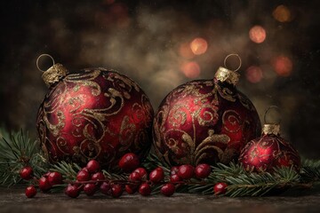 Festive red ornate christmas baubles with pine needles and berries on a rustic wooden surface with bokeh lights