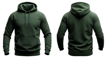 Forest green hoodie blank mockup, front and back view, apparel